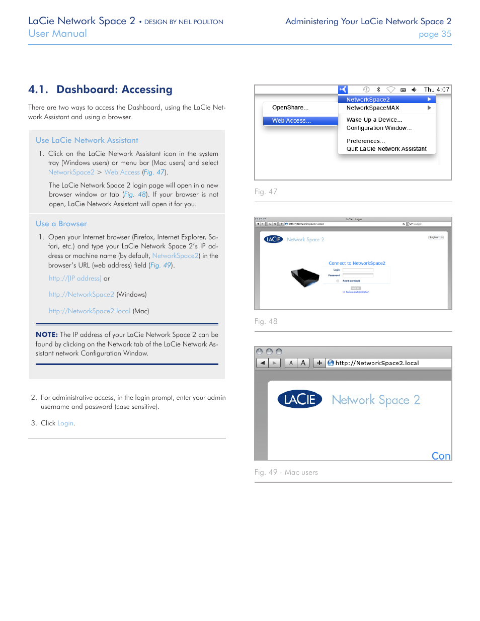 Dashboard: accessing, For subsequent logins, refer to section, Dashboard | Accessing, Lacie network space 2, User manual | LaCie 2 User Manual | Page 35 / 65