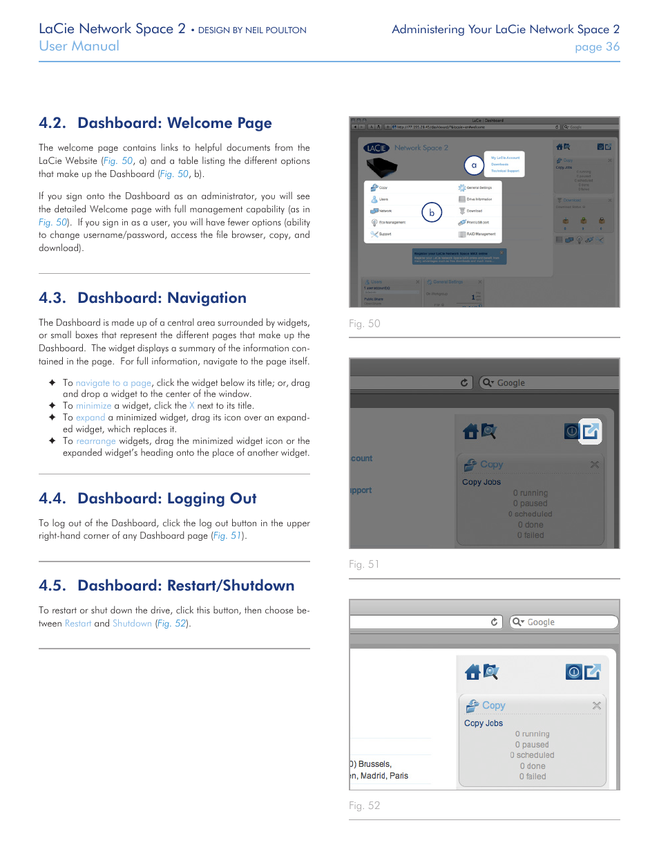 Dashboard: navigation, Dashboard: logging out, Dashboard: restart/shutdown | Dashboard: restart, Shutdown, Dashboard: welcome page, Lacie network space 2, User manual | LaCie 2 User Manual | Page 36 / 65