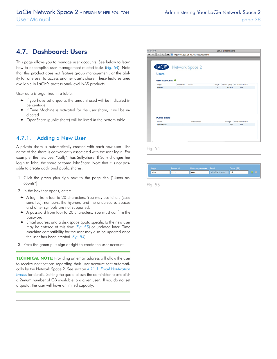 Dashboard: users, Adding a new user, Dash | Board: users, Lacie network space 2, User manual | LaCie 2 User Manual | Page 38 / 65