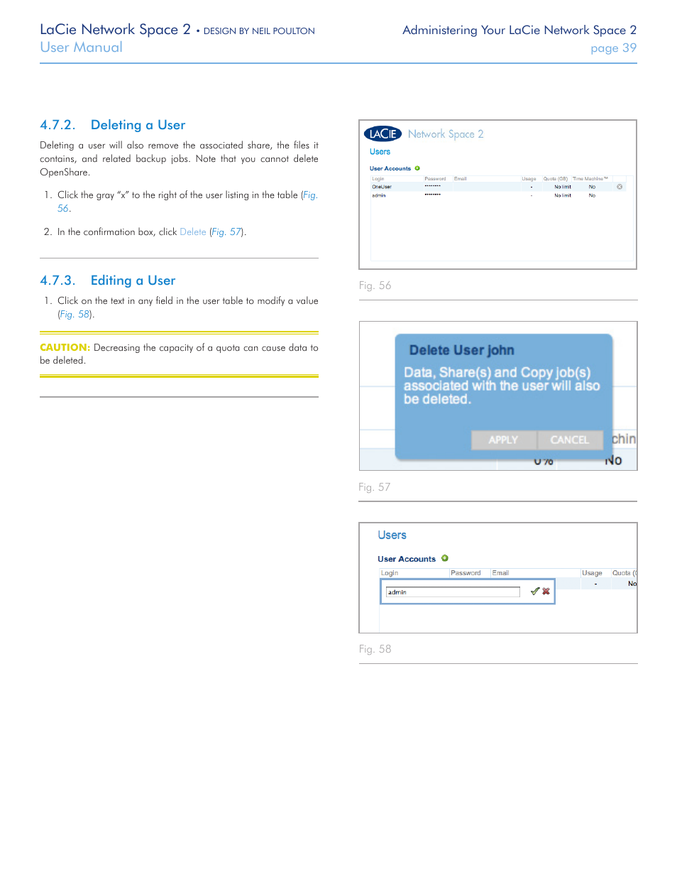 Deleting a user, Editing a user, Deleting a user 4.7.3. editing a user | Lacie network space 2, User manual | LaCie 2 User Manual | Page 39 / 65