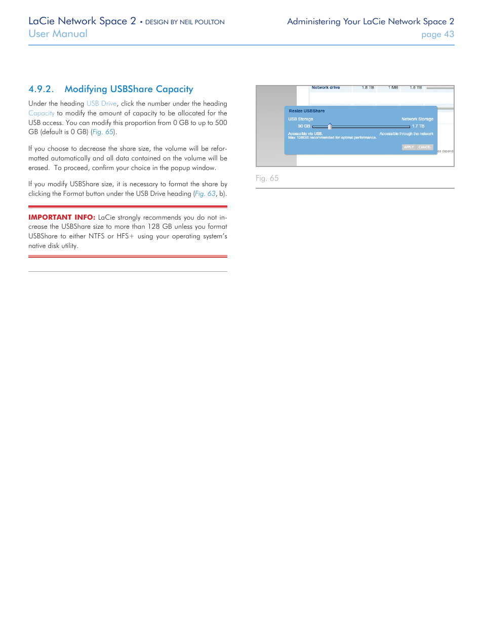 Modifying usbshare capacity, Lacie network space 2, User manual | LaCie 2 User Manual | Page 43 / 65