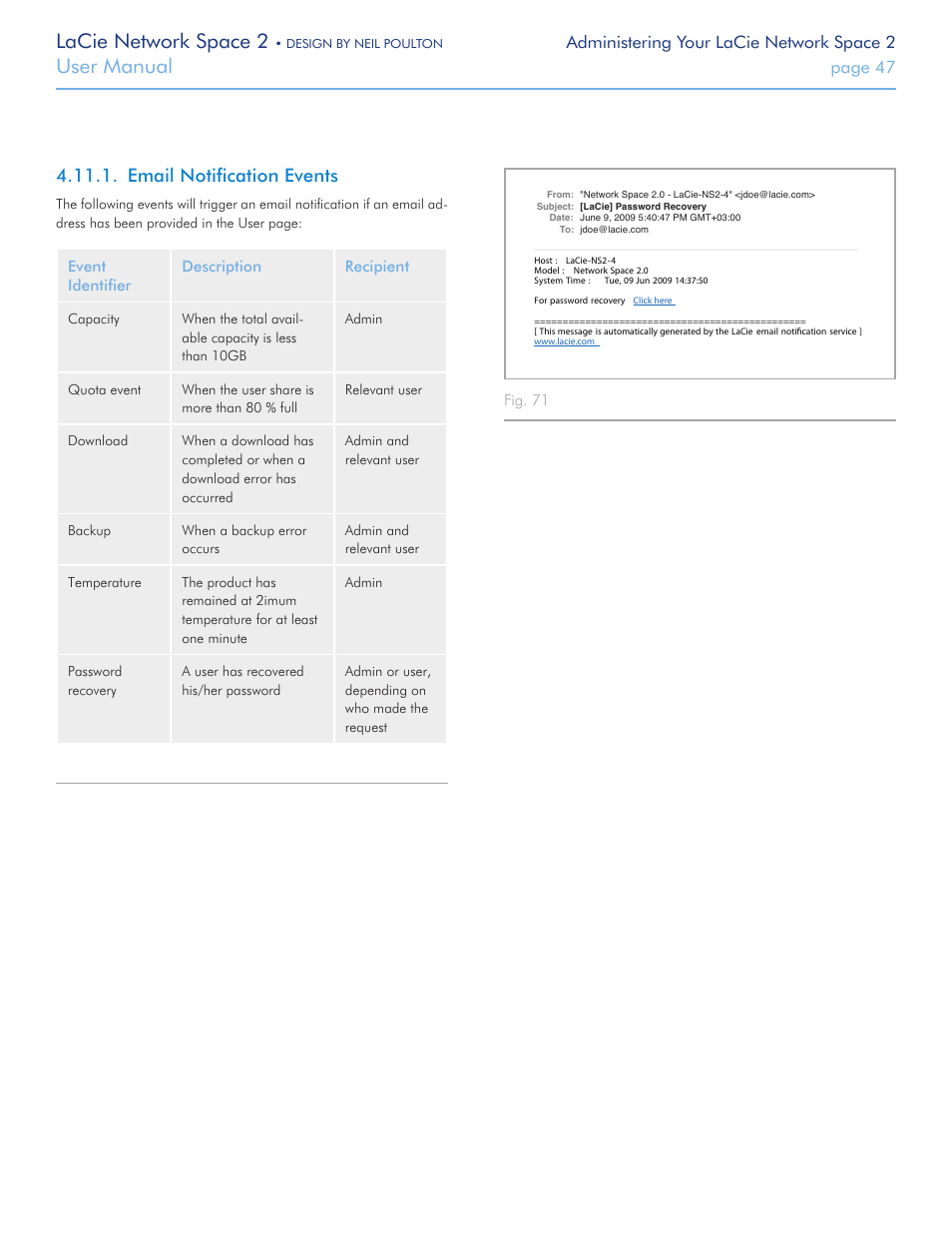 Email notification events, Cally by the network space 2. see section, Email notification | Events, For more information, Lacie network space 2, User manual, Administering your lacie network space 2, Page 47 | LaCie 2 User Manual | Page 47 / 65