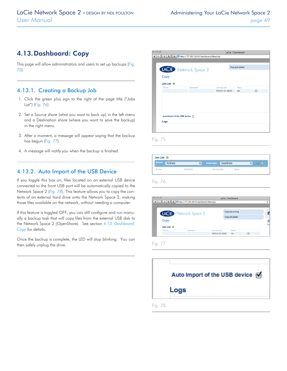 Dashboard: copy, Creating a backup job, Auto import of the usb device | Dash, Board: copy, Section, Lacie network space 2, User manual | LaCie 2 User Manual | Page 49 / 65