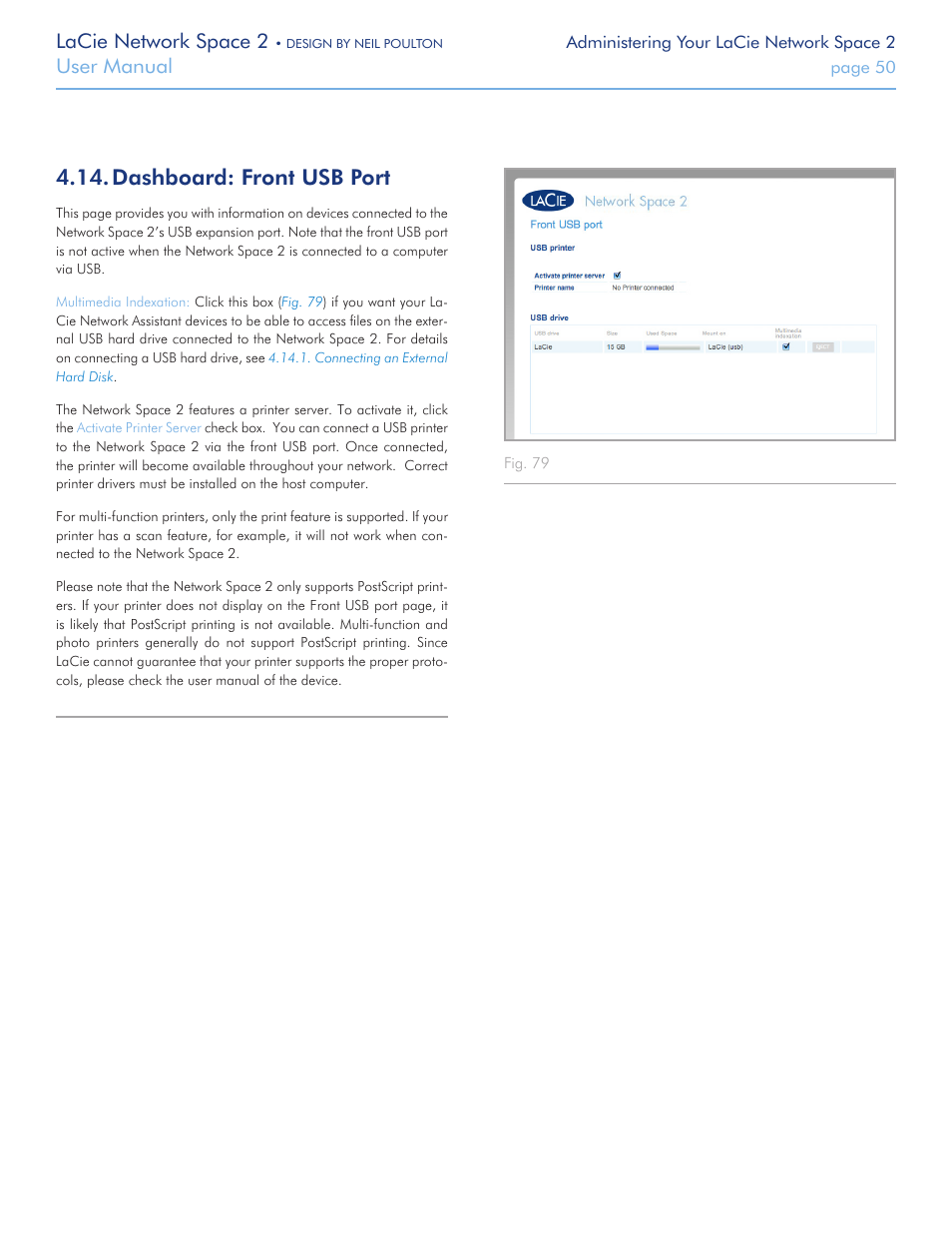 Dashboard: front usb port, Lacie network space 2, User manual | LaCie 2 User Manual | Page 50 / 65