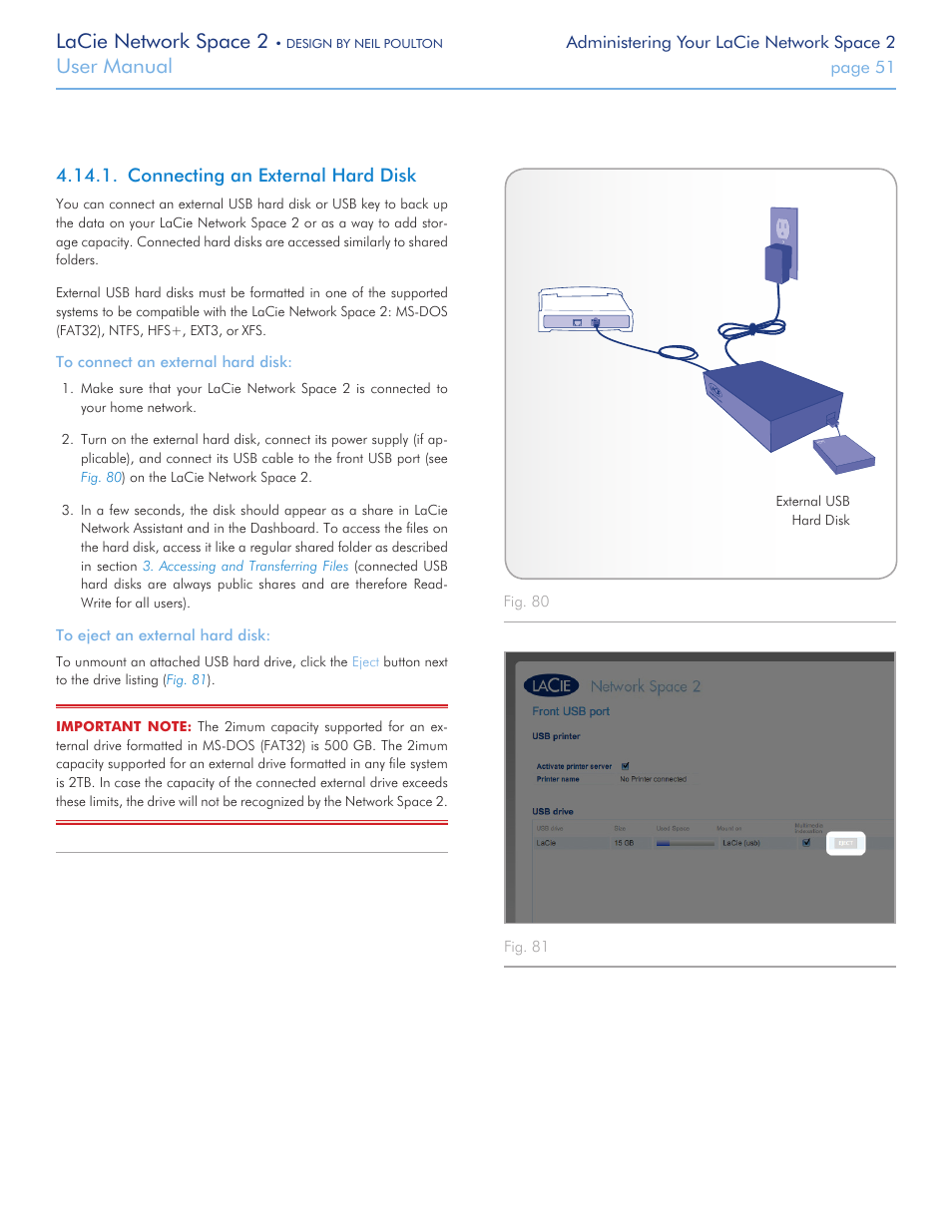 Connecting an external hard disk, Drive, see, Connecting an external | Hard disk, Lacie network space 2, User manual | LaCie 2 User Manual | Page 51 / 65