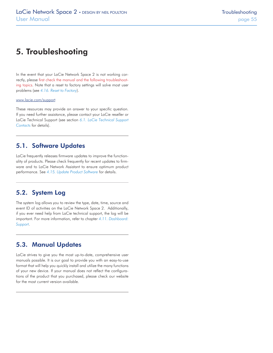 Troubleshooting, Software updates, System log | Manual updates, Lacie network space 2, User manual | LaCie 2 User Manual | Page 55 / 65