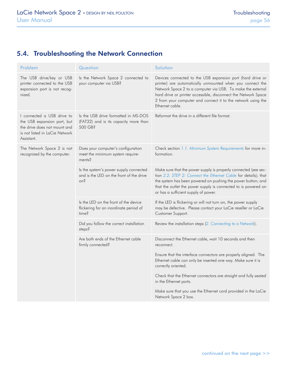 Troubleshooting the network connection, Lacie network space 2, User manual | LaCie 2 User Manual | Page 56 / 65