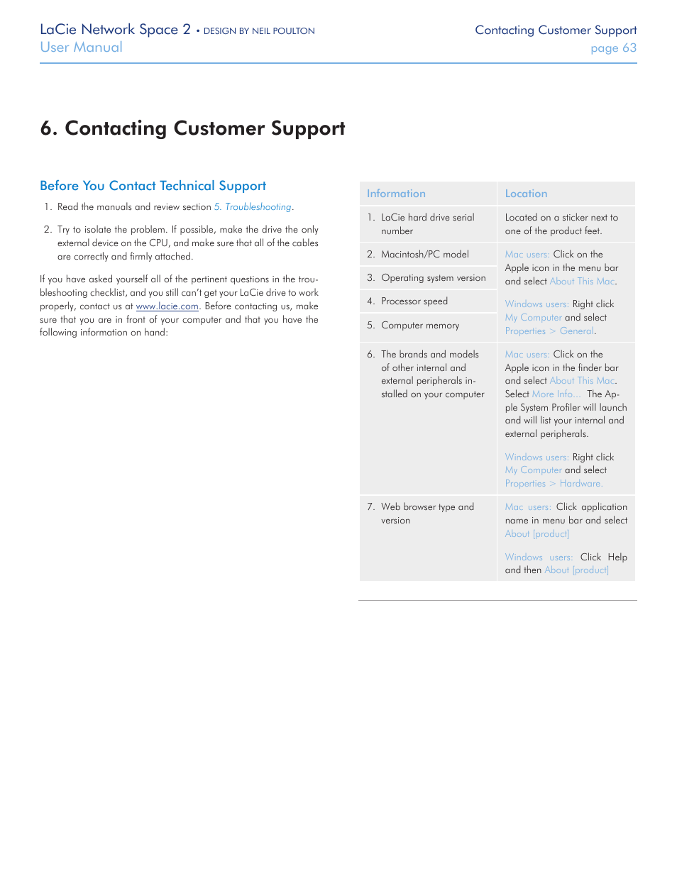 Contacting customer support, Contacting cus, Tomer support | Lacie network space 2, User manual | LaCie 2 User Manual | Page 63 / 65