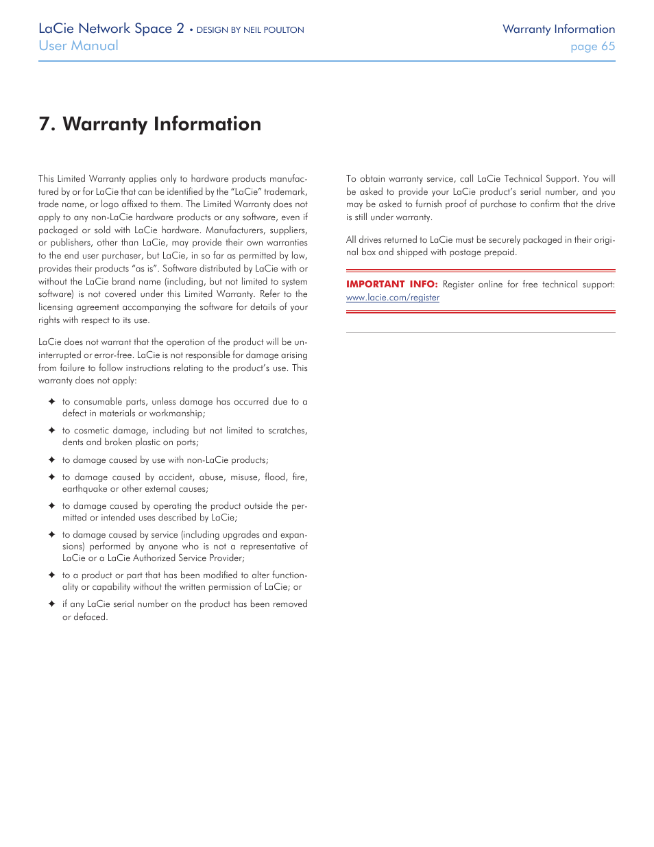 Warranty information, Lacie network space 2, User manual | LaCie 2 User Manual | Page 65 / 65