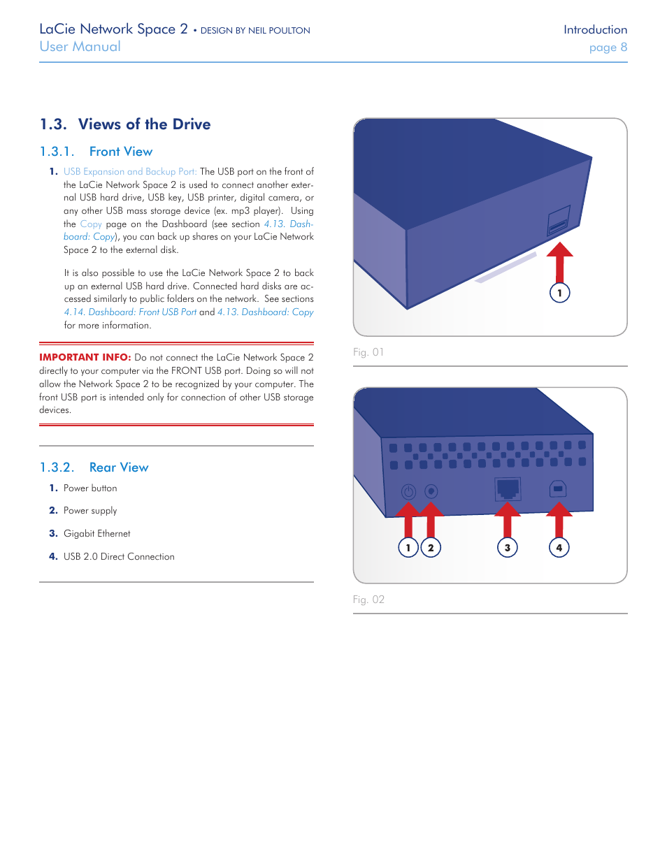 Views of the drive, Front view, Rear view | Front view 1.3.2. rear view, Lacie network space 2, User manual | LaCie 2 User Manual | Page 8 / 65