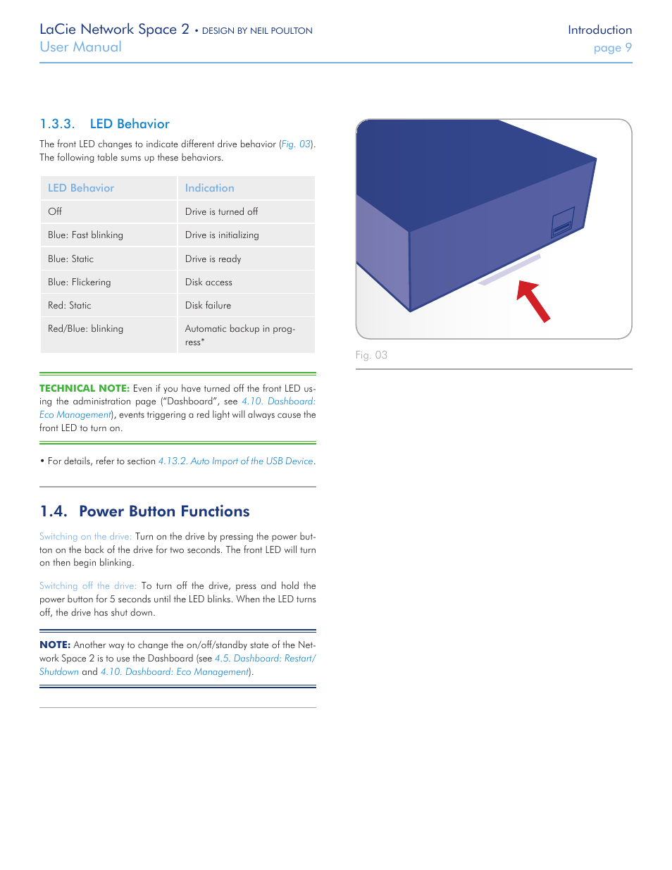 Led behavior, Power button functions, Lacie network space 2 | User manual | LaCie 2 User Manual | Page 9 / 65