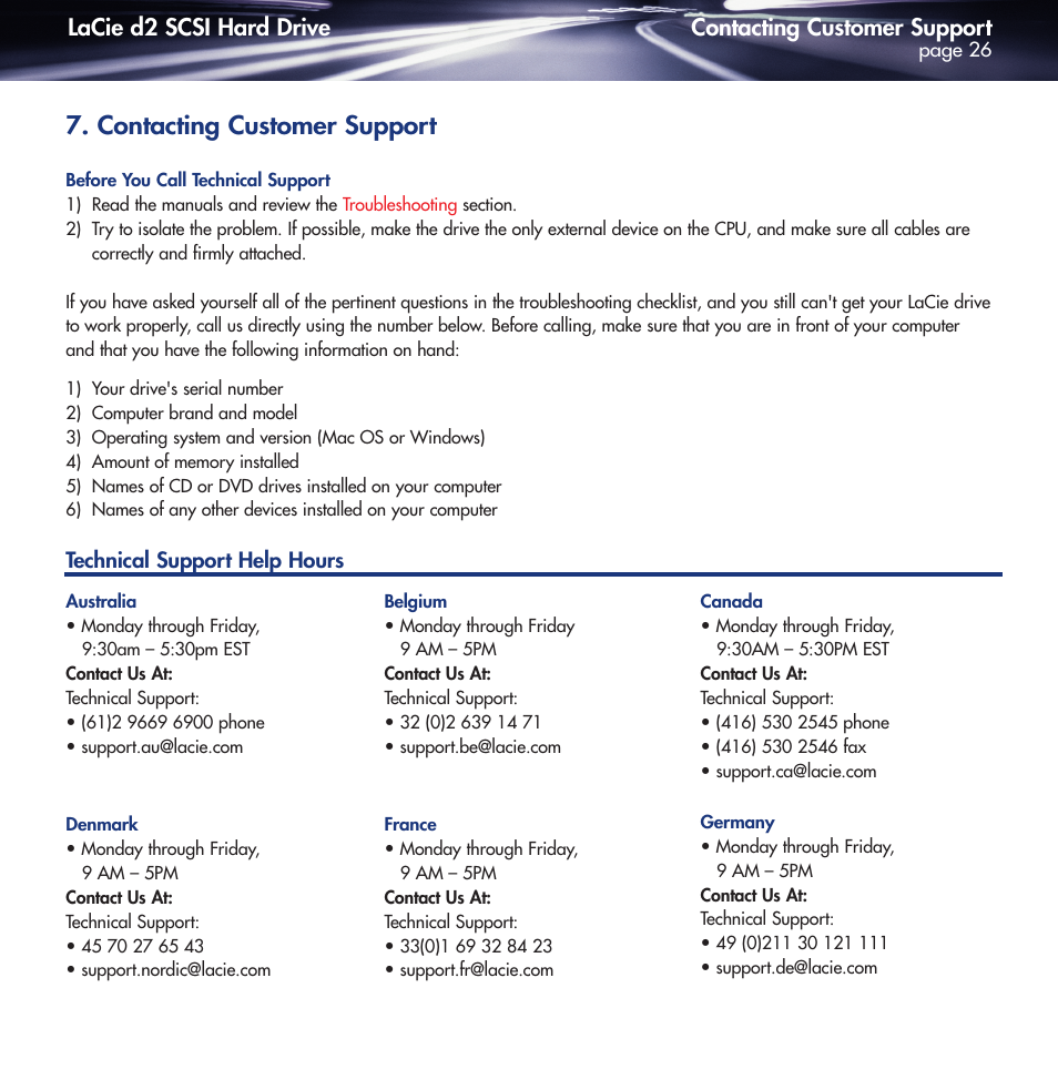 Contacting customer service, Contacting customer support, Lacie d2 scsi hard drive | LaCie DELL PRECISION KY0730482 User Manual | Page 26 / 35