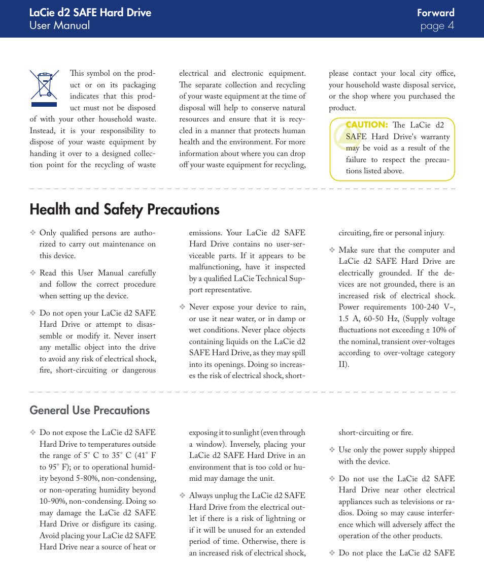Health and safety precautions, General use precautions, Lacie d2 safe hard drive user manual page | LaCie d2 User Manual | Page 4 / 54
