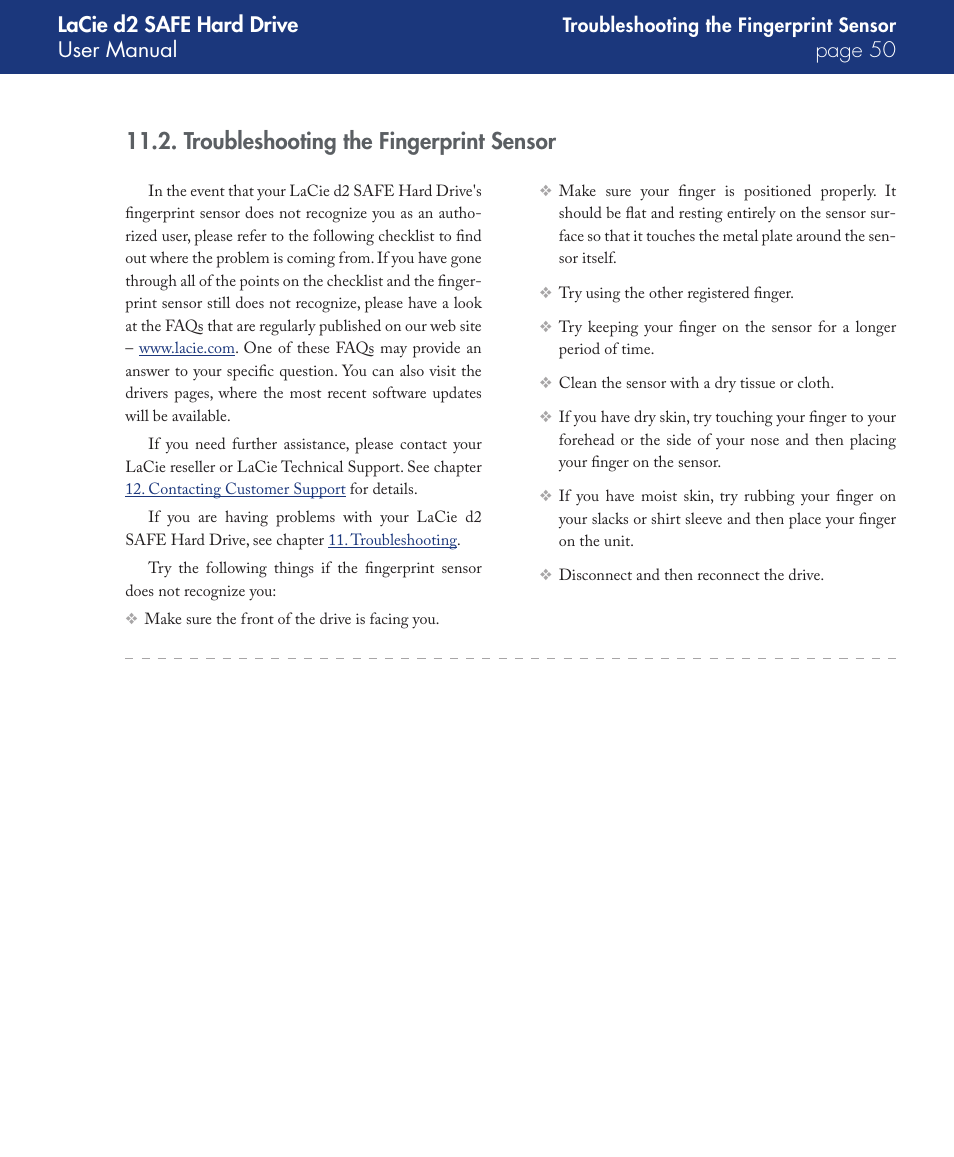 Troubleshooting the fingerprint sensor, Lacie d2 safe hard drive user manual page 0 | LaCie d2 User Manual | Page 50 / 54