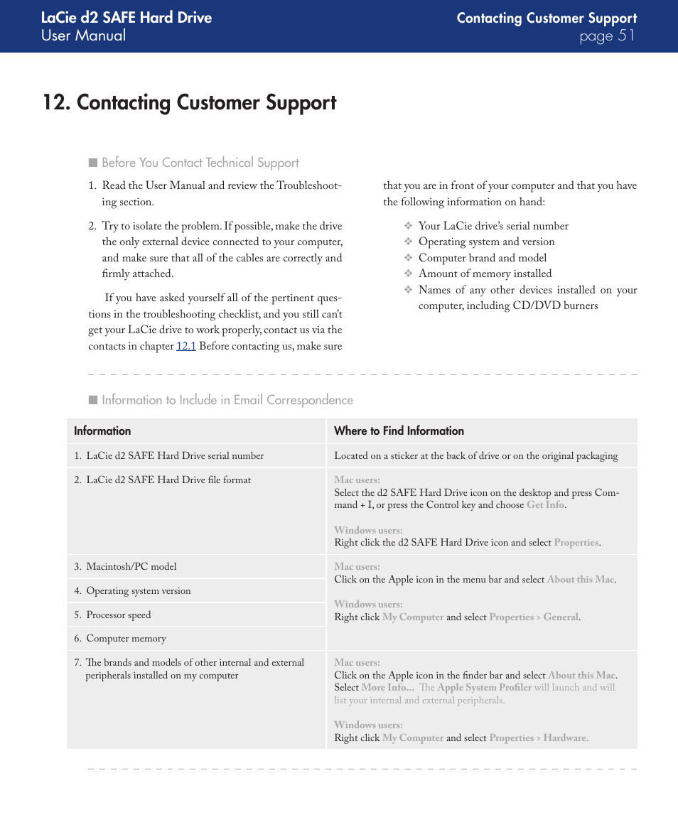 Contacting customer support, Lacie d2 safe hard drive user manual page | LaCie d2 User Manual | Page 51 / 54