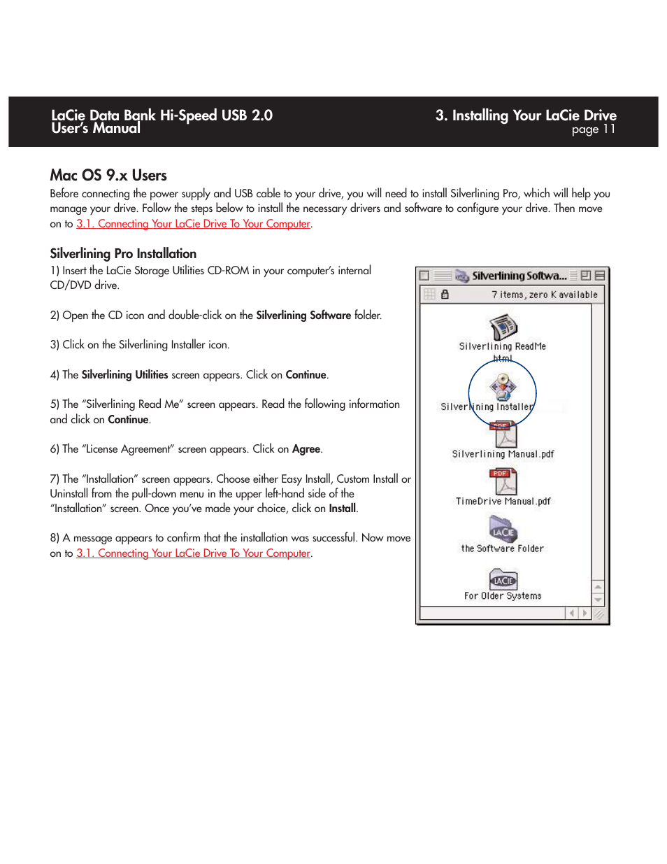 Mac os 9.x users, click, Here, Mac os 9.x users | Installing your lacie drive, Lacie data bank hi-speed usb 2.0 user’s manual | LaCie Databank User Manual | Page 11 / 39