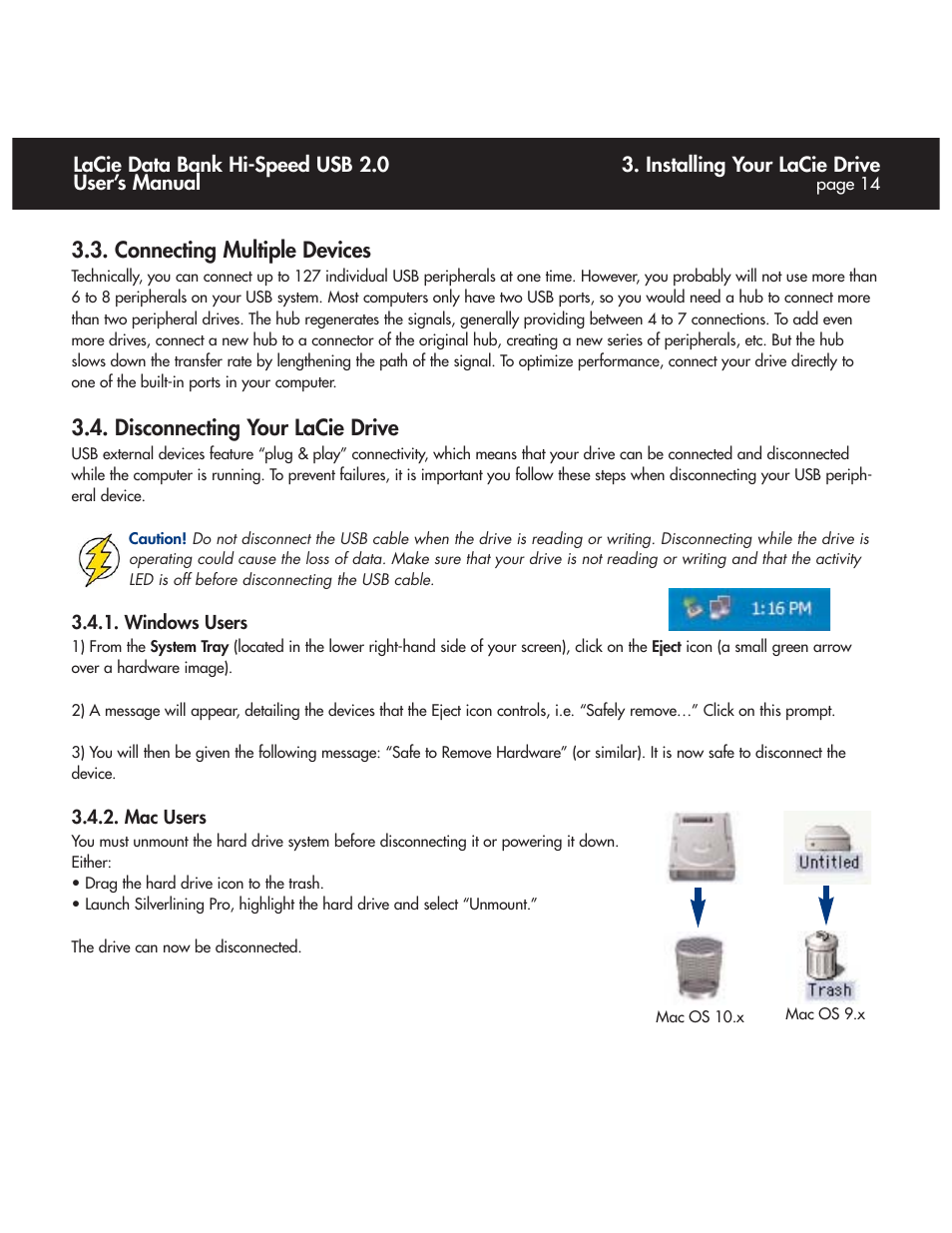 Connecting multiple devices, Disconnecting your lacie drive | LaCie Databank User Manual | Page 14 / 39