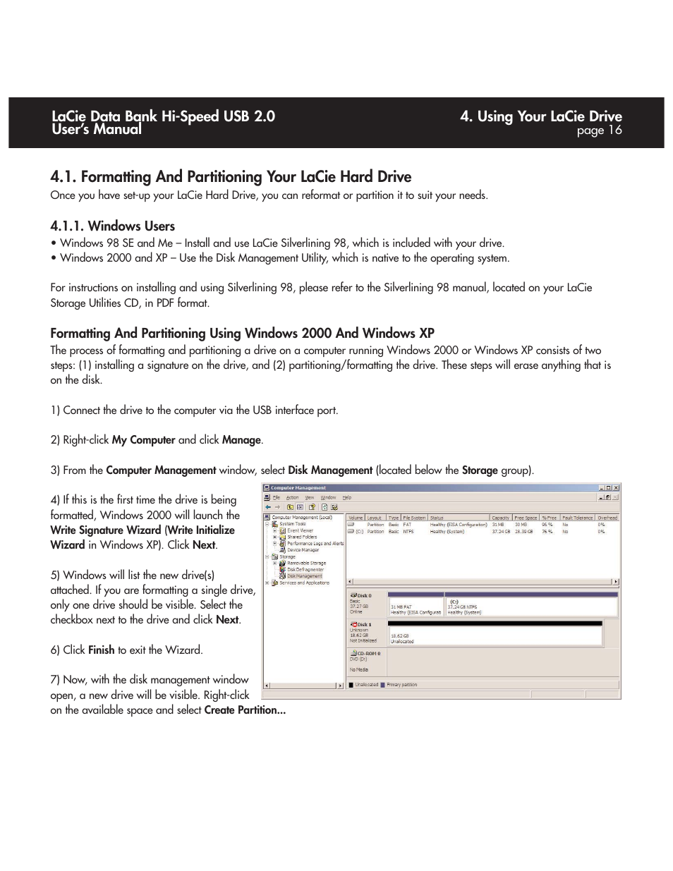 Formatting and partitioning your lacie drive, Windows users, Formatting and partitioning your lacie hard drive | Using your lacie drive, Lacie data bank hi-speed usb 2.0 user’s manual | LaCie Databank User Manual | Page 16 / 39