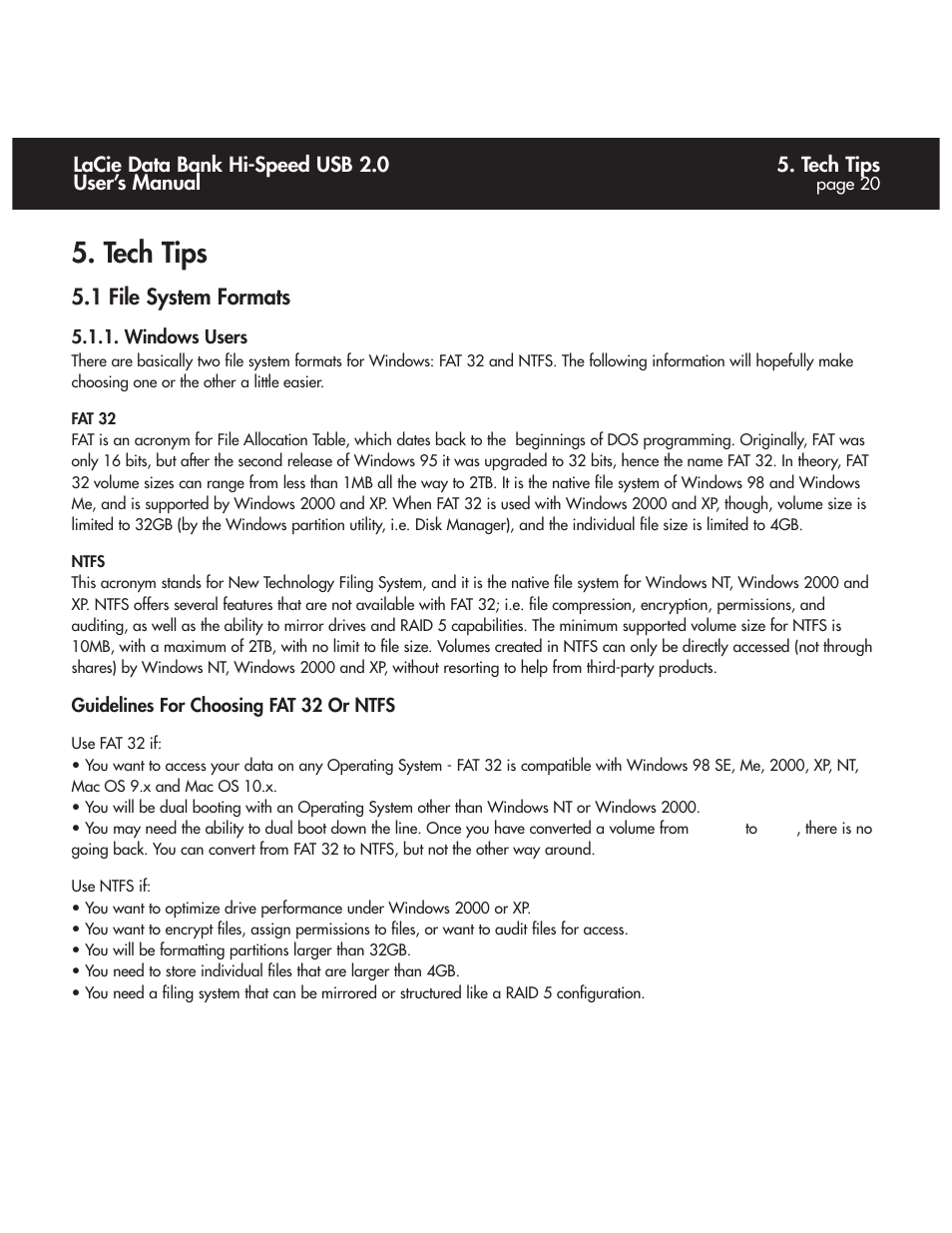 Tech tips, File system formats, Windows users | LaCie Databank User Manual | Page 20 / 39