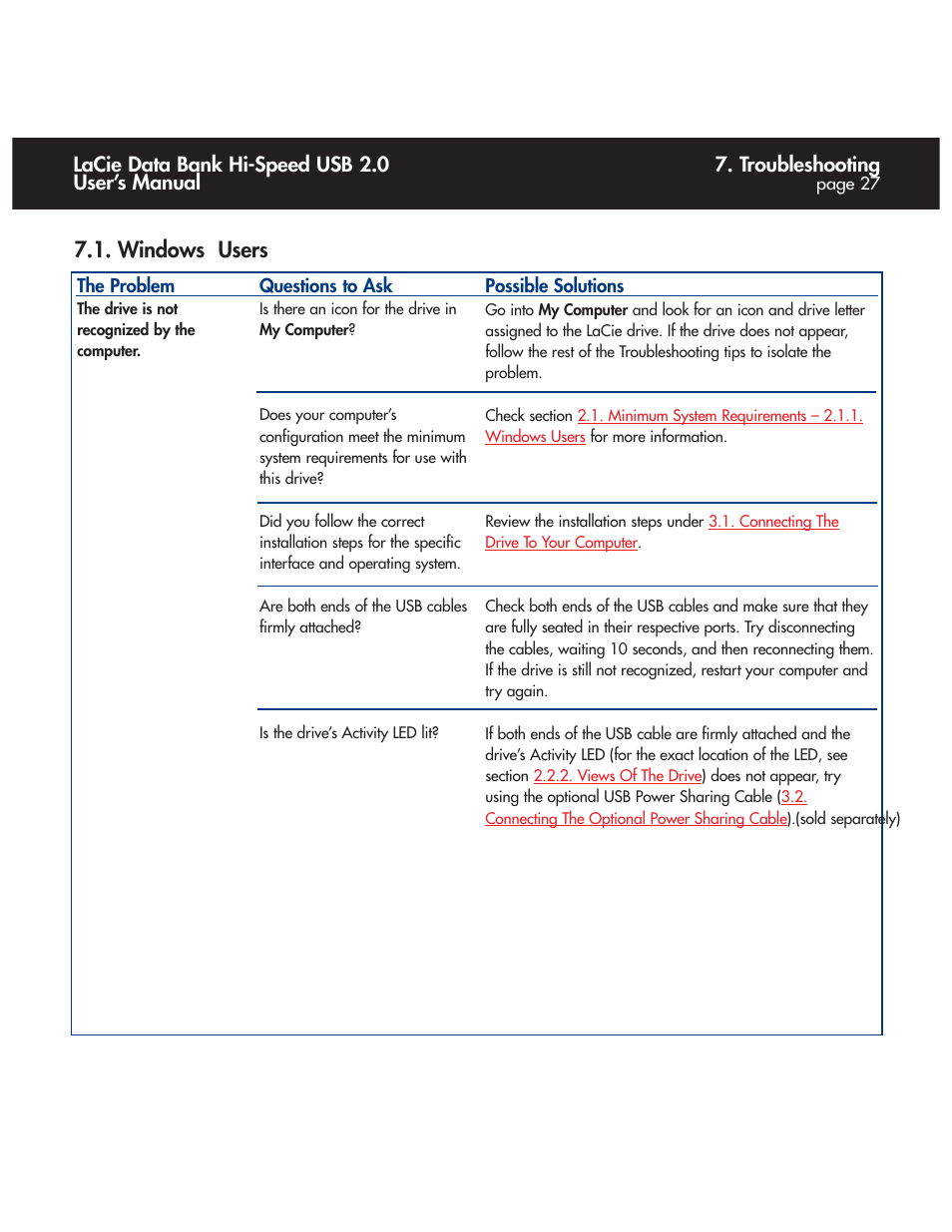 Windows users, Windows users – click here, Troubleshooting | Lacie data bank hi-speed usb 2.0 user’s manual | LaCie Databank User Manual | Page 27 / 39
