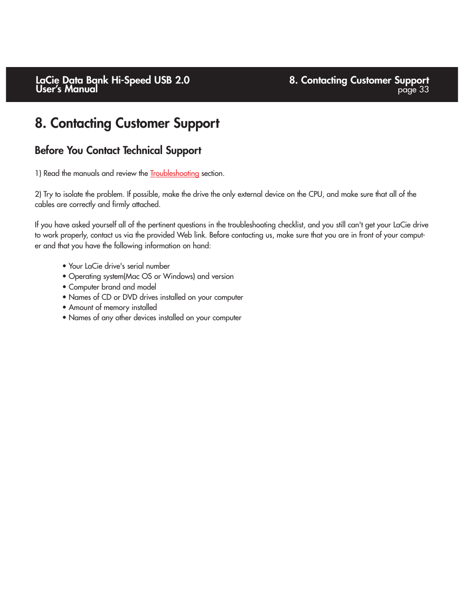 Contacting customer support, Contacting customer, Service | For details), Contact, Lacie technical support | LaCie Databank User Manual | Page 33 / 39