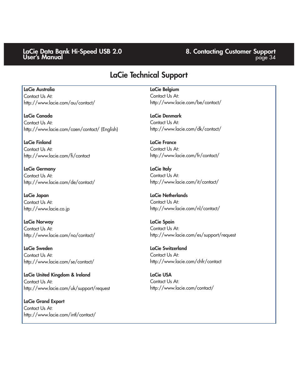 Lacie technical support, Contacting customer support, Lacie data bank hi-speed usb 2.0 user’s manual | LaCie Databank User Manual | Page 34 / 39