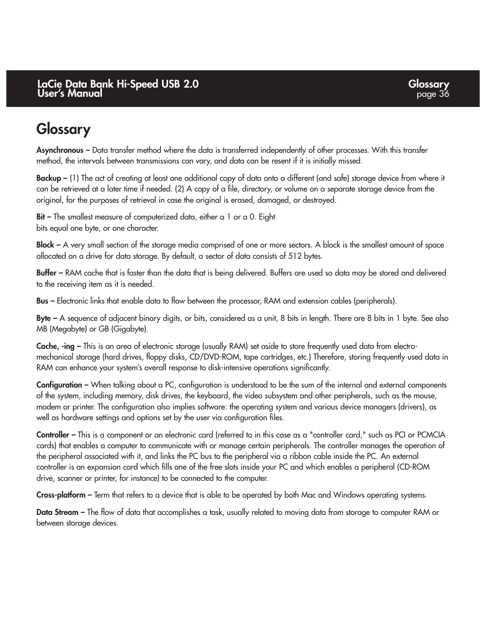 Glossary, Lacie data bank hi-speed usb 2.0 user’s manual | LaCie Databank User Manual | Page 36 / 39