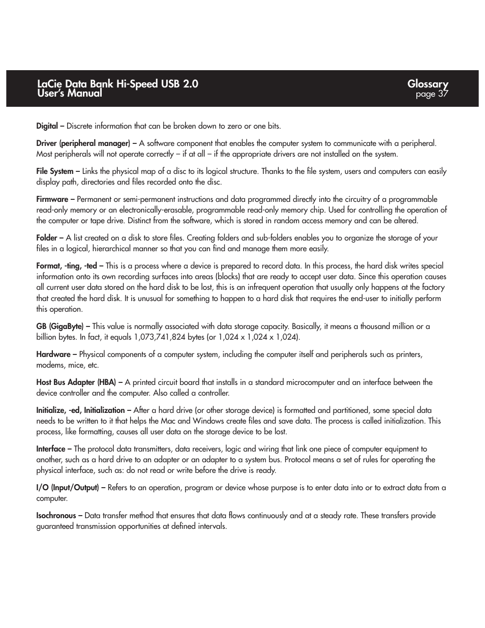 Glossary, Lacie data bank hi-speed usb 2.0 user’s manual | LaCie Databank User Manual | Page 37 / 39