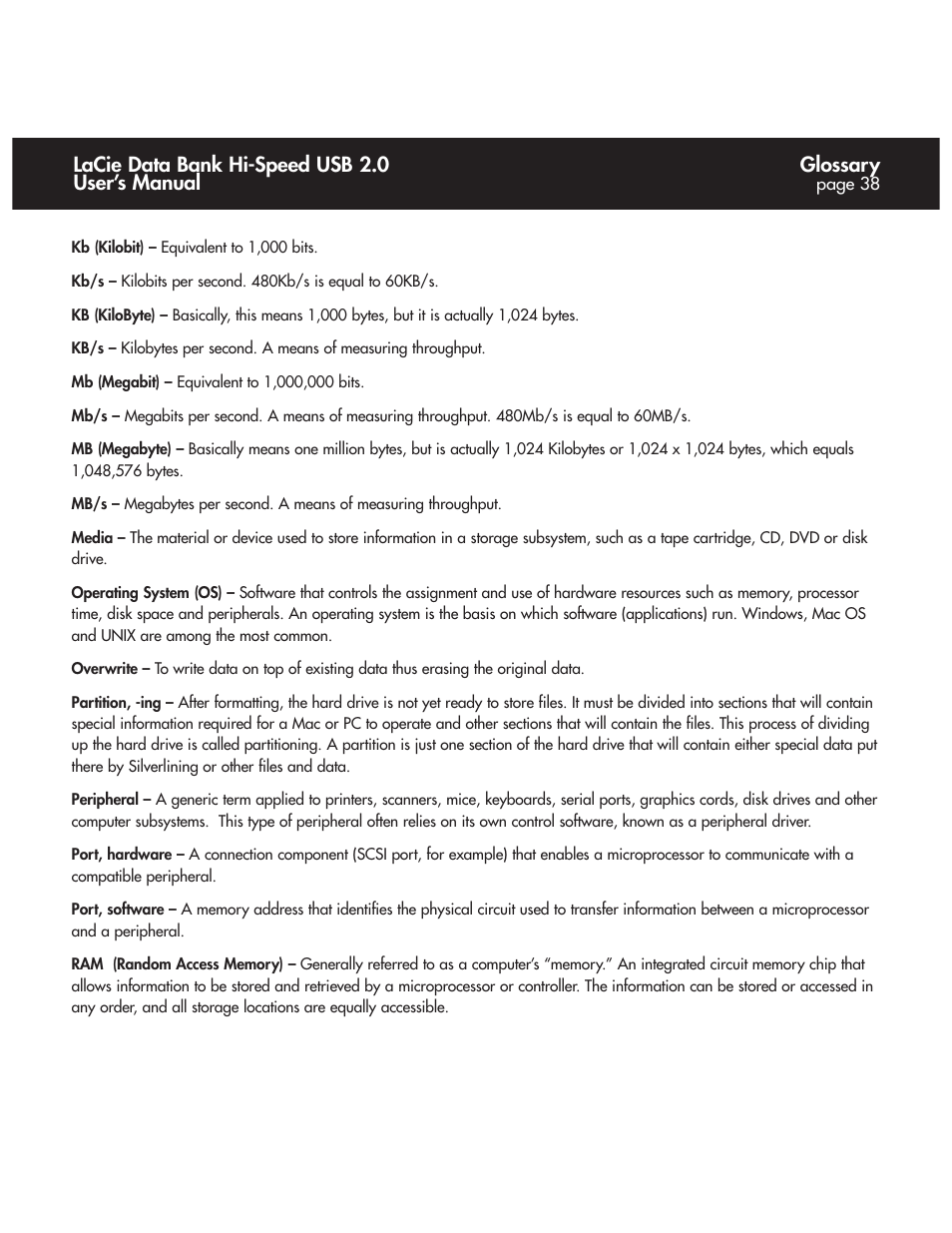 Glossary, Lacie data bank hi-speed usb 2.0 user’s manual | LaCie Databank User Manual | Page 38 / 39