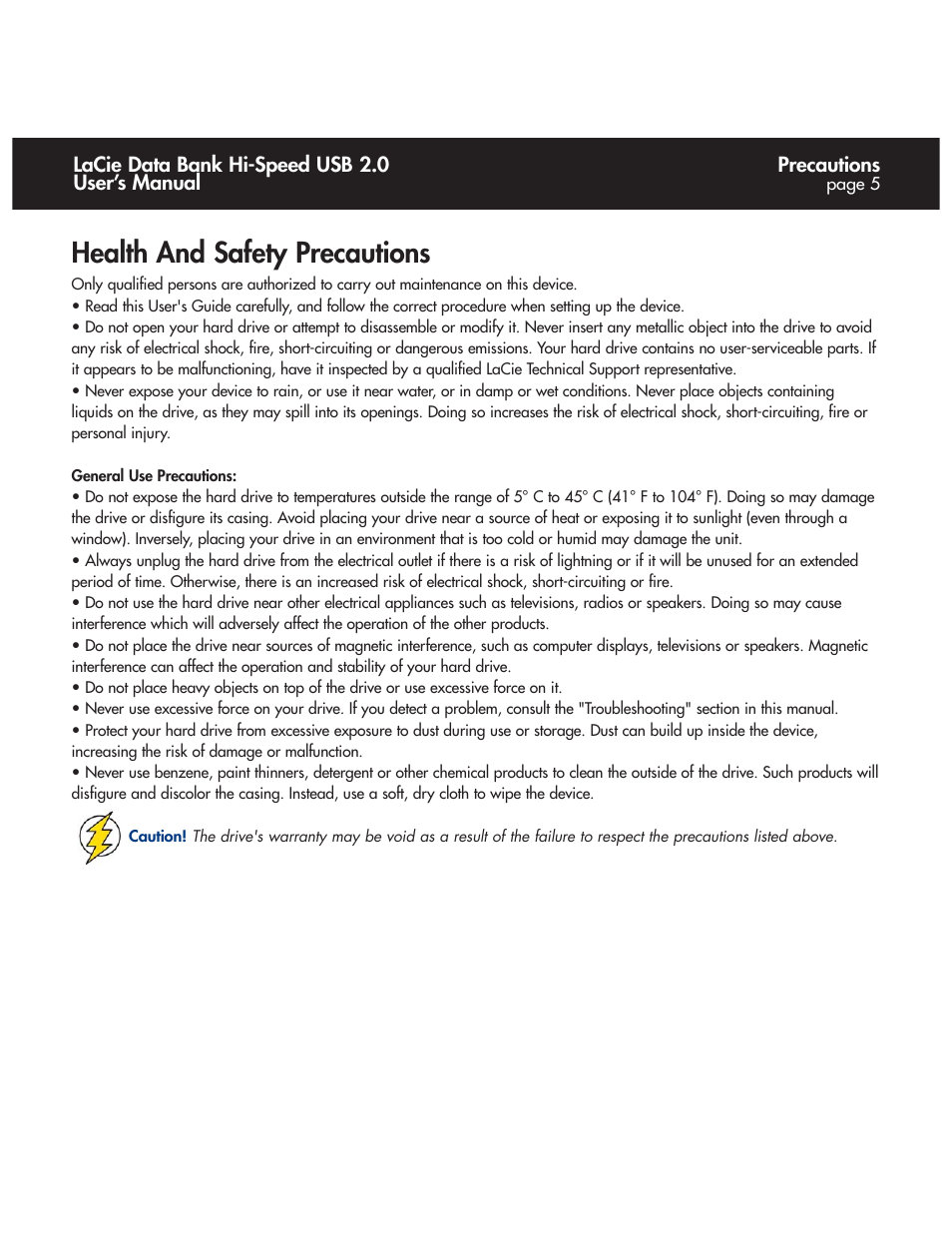 Precautions, Health and safety precautions | LaCie Databank User Manual | Page 5 / 39
