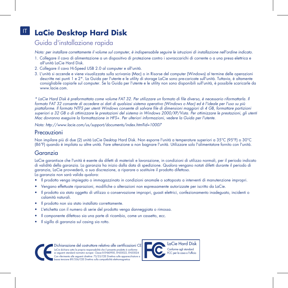 Lacie desktop hard disk, Guida d'installazione rapida, Precauzioni | Garanzia | LaCie Computer Drive User Manual | Page 6 / 22