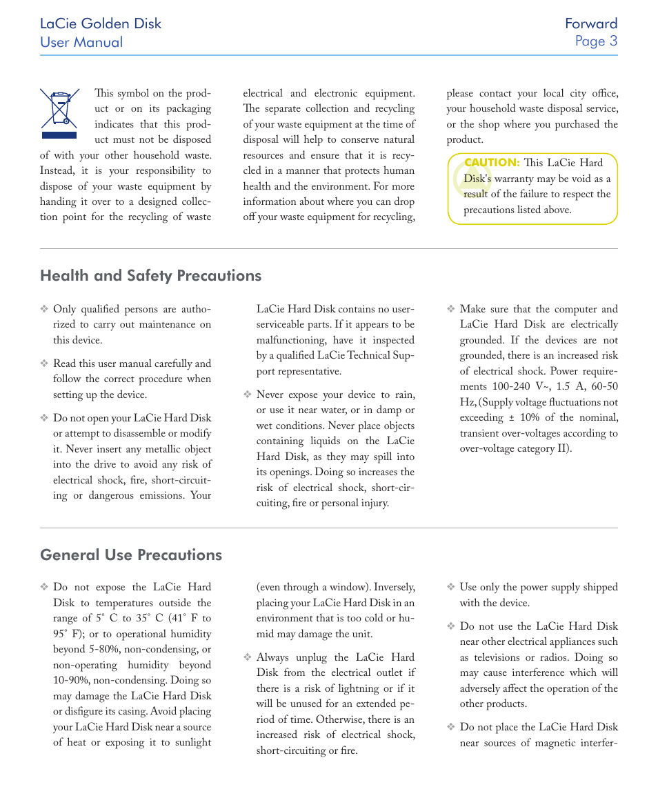 Health and safety precautions, General use precautions, Lacie golden disk user manual forward page 3 | LaCie Golden Disk User Manual | Page 3 / 24