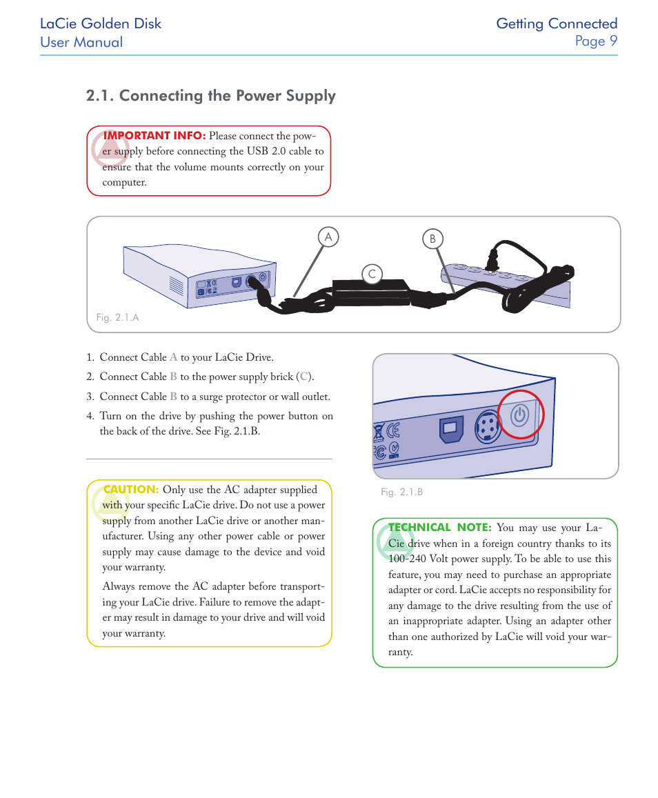 Connecting the power supply | LaCie Golden Disk User Manual | Page 9 / 24