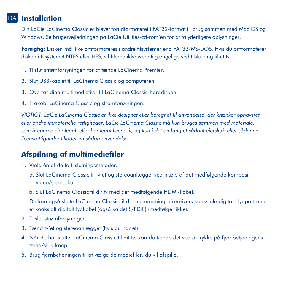 Installation, Afspilning af multimediefiler | LaCie LaCinema Classic User Manual | Page 22 / 44