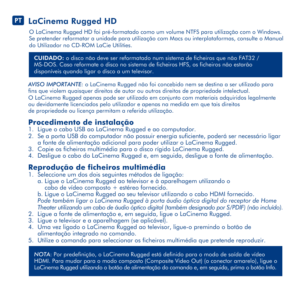 Lacinema rugged hd, Procedimento de instalação, Reprodução de ficheiros multimédia | LaCie LaCinema Rugged HD User Manual | Page 12 / 24
