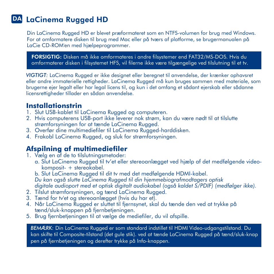 Lacinema rugged hd, Installationstrin, Afspilning af multimediefiler | LaCie LaCinema Rugged HD User Manual | Page 14 / 24
