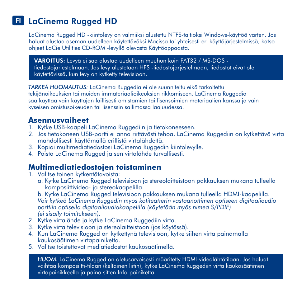 Lacinema rugged hd, Asennusvaiheet, Multimediatiedostojen toistaminen | LaCie LaCinema Rugged HD User Manual | Page 15 / 24