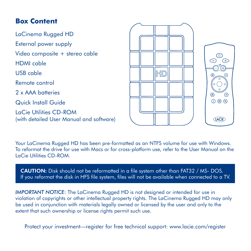 Box content | LaCie LaCinema Rugged HD User Manual | Page 2 / 24