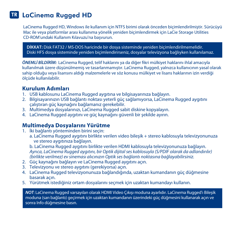 Lacinema rugged hd, Kurulum adımları, Multimedya dosyalarını yürütme | LaCie LaCinema Rugged HD User Manual | Page 21 / 24