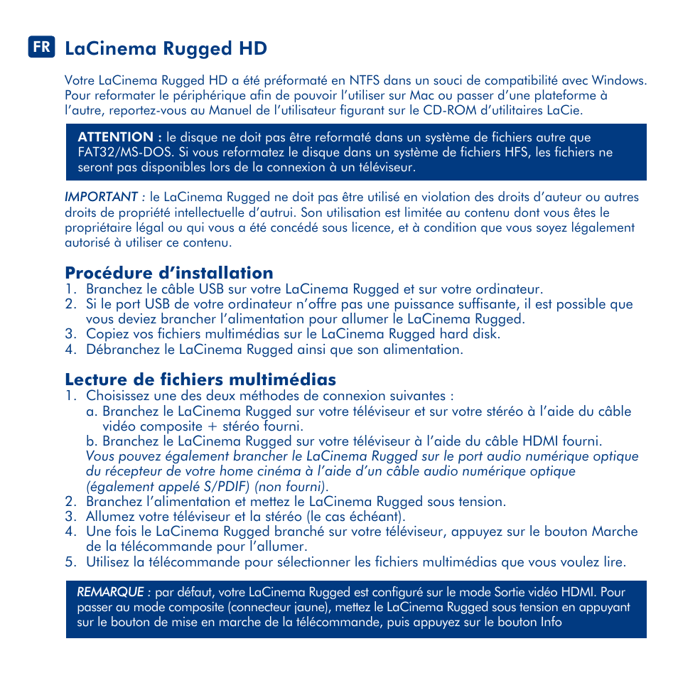 Lacinema rugged hd, Procédure d’installation, Lecture de fichiers multimédias | LaCie LaCinema Rugged HD User Manual | Page 7 / 24