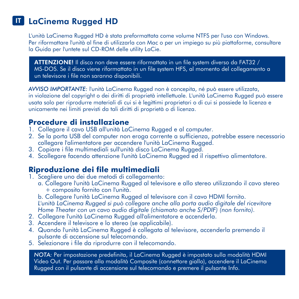 Lacinema rugged hd, Procedure di installazione, Riproduzione dei file multimediali | LaCie LaCinema Rugged HD User Manual | Page 8 / 24
