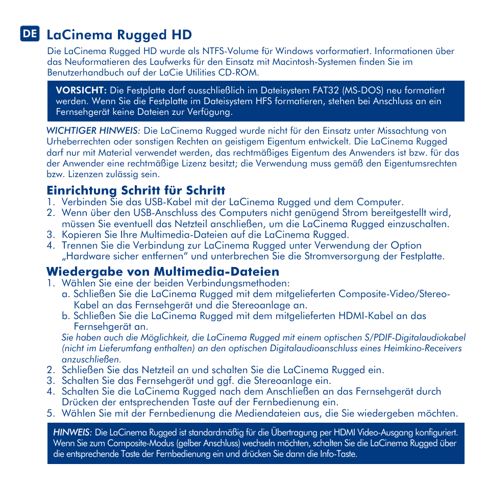 Lacinema rugged hd, Einrichtung schritt für schritt, Wiedergabe von multimedia-dateien | LaCie LaCinema Rugged HD User Manual | Page 9 / 24
