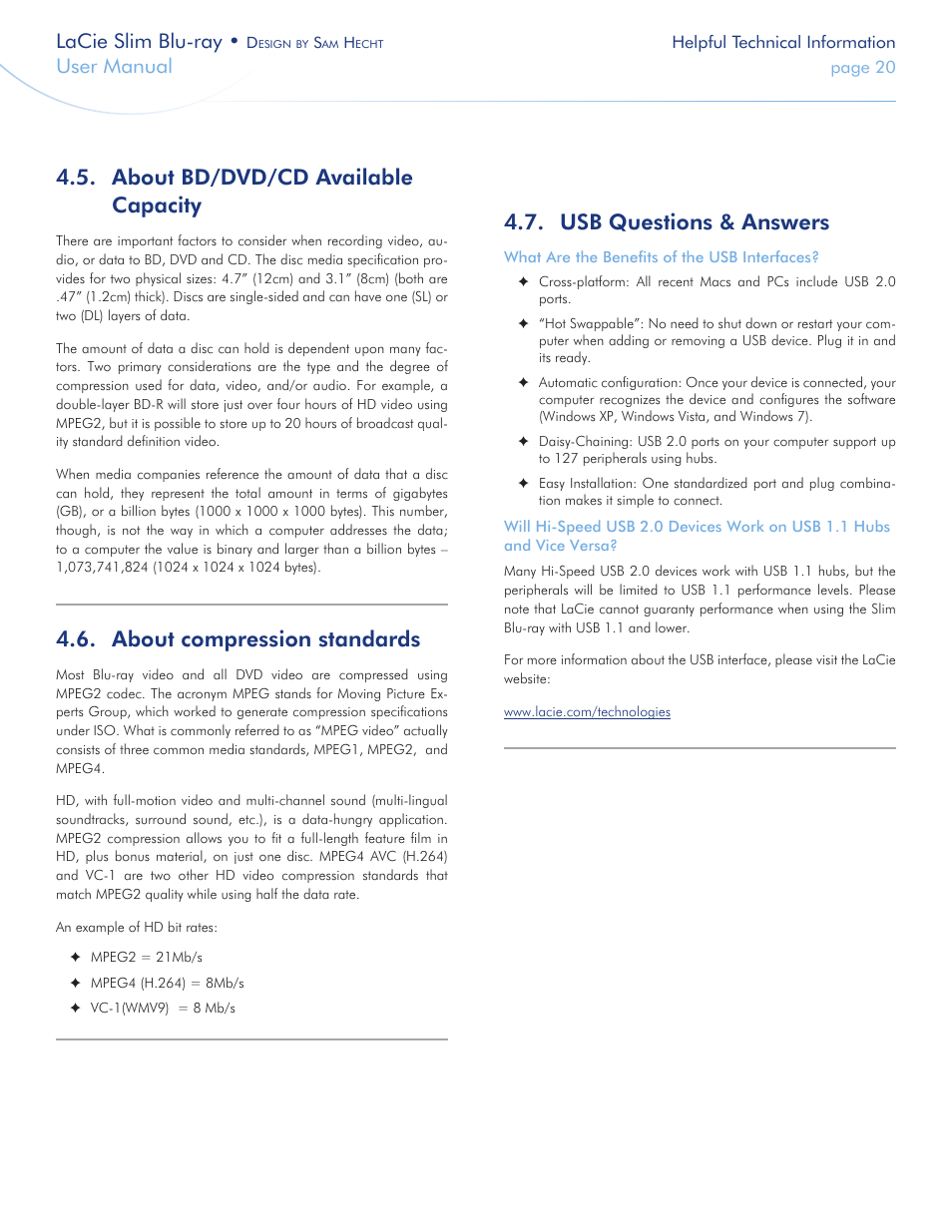About bd/dvd/cd available capacity, About compression standards, Usb questions & answers | Usb questions, Answers, Lacie slim blu-ray, User manual | LaCie Slim Blu-ray User Manual | Page 20 / 28