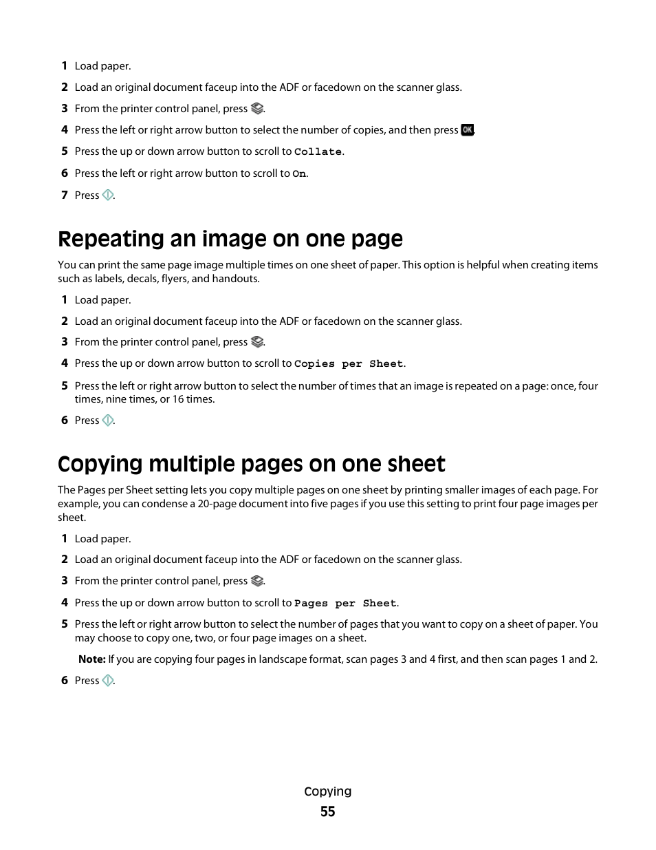 Repeating an image on one page, Copying multiple pages on one sheet | Lexmark 30E User Manual | Page 55 / 144