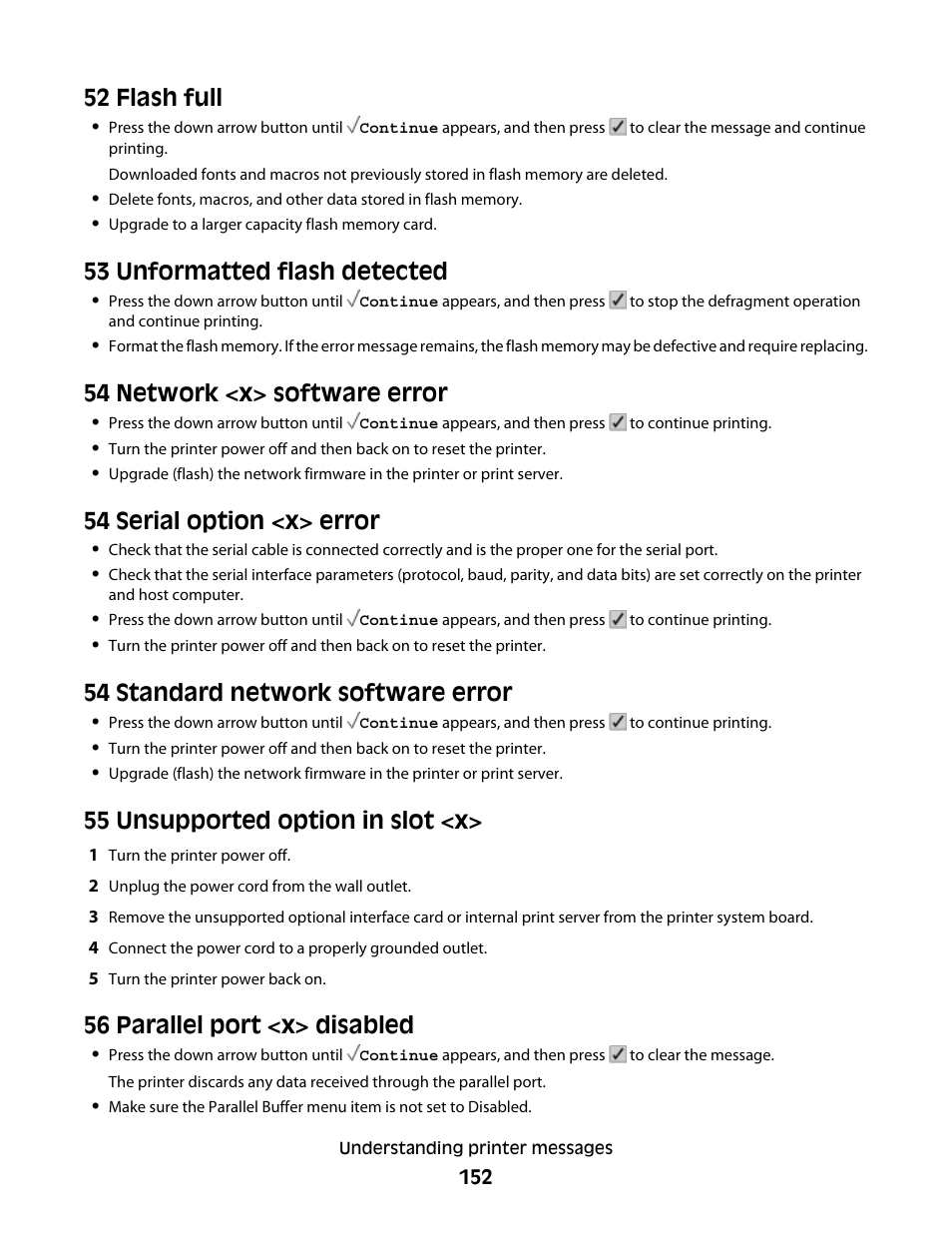 52 flash full, 53 unformatted flash detected, 54 network <x> software error | 54 serial option <x> error, 54 standard network software error, 55 unsupported option in slot <x, 56 parallel port <x> disabled | Lexmark 280 User Manual | Page 152 / 217