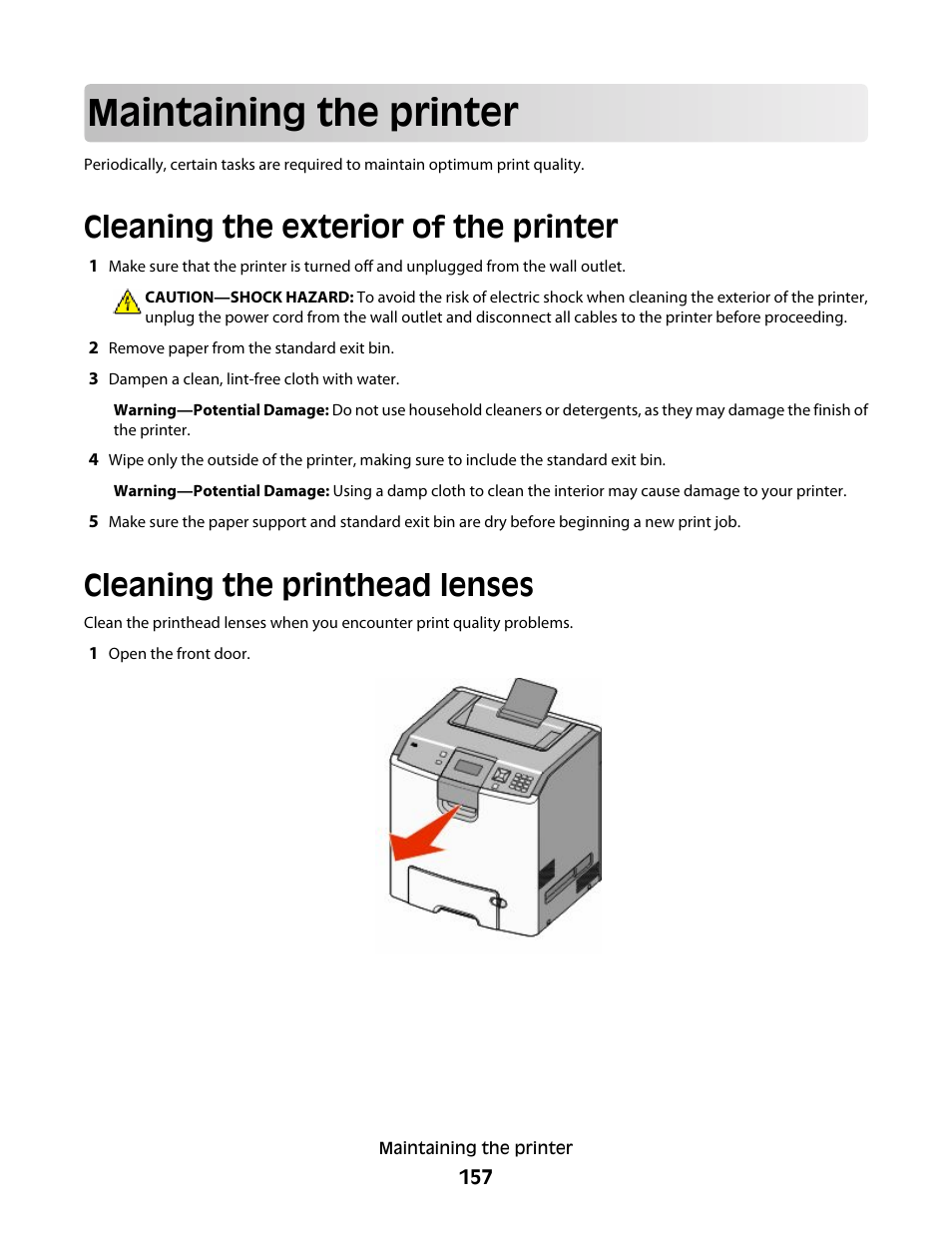 Maintaining the printer, Cleaning the exterior of the printer, Cleaning the printhead lenses | Lexmark 280 User Manual | Page 157 / 217