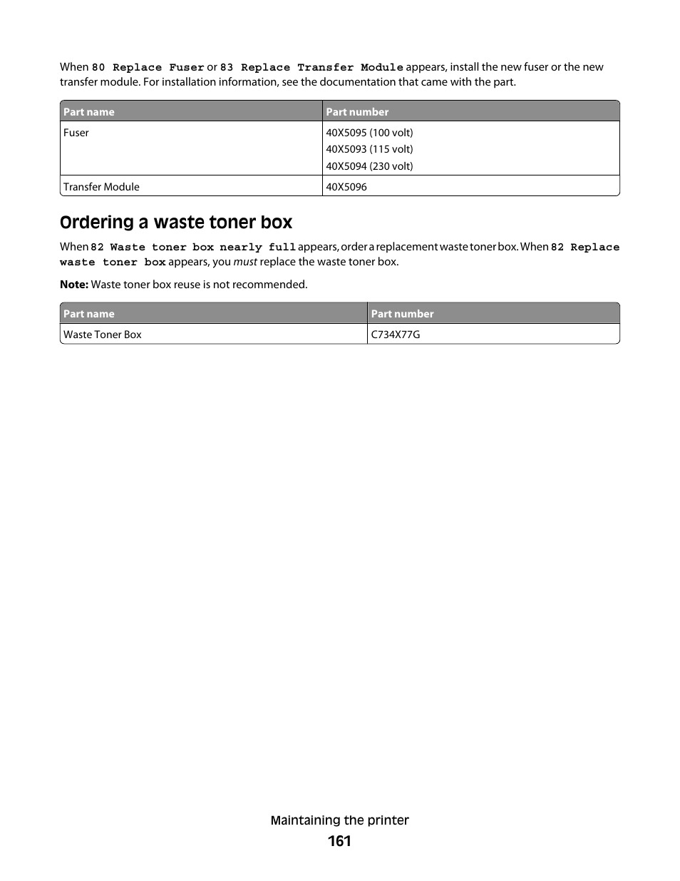 Ordering a waste toner box | Lexmark 280 User Manual | Page 161 / 217
