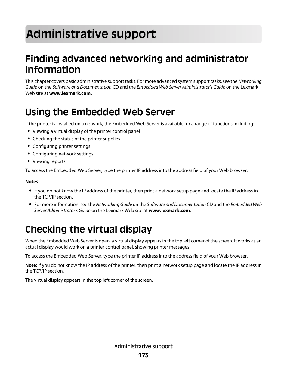Administrative support, Using the embedded web server, Checking the virtual display | Lexmark 280 User Manual | Page 173 / 217