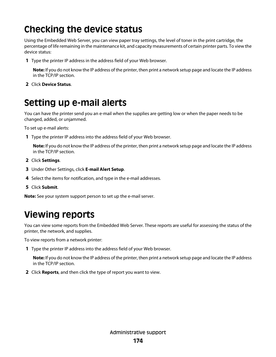 Checking the device status, Setting up e-mail alerts, Viewing reports | Lexmark 280 User Manual | Page 174 / 217