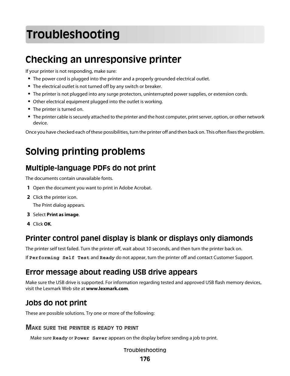 Troubleshooting, Checking an unresponsive printer, Solving printing problems | Multiple-language pdfs do not print, Error message about reading usb drive appears, Jobs do not print | Lexmark 280 User Manual | Page 176 / 217
